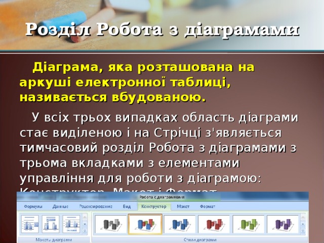 Розділ Робота з діаграмами Діаграма, яка розташована на аркуші електронної таблиці, називається вбудованою. У всіх трьох випадках область діаграми стає виділеною і на Стрічці з'являється тимчасовий розділ Робота з діаграмами з трьома вкладками з елементами управління для роботи з діаграмою: Конструктор, Макет і Формат.  