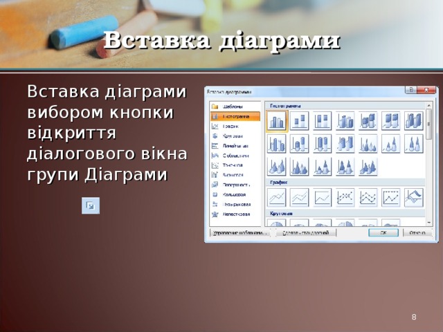 Вставка діаграми Вставка діаграми вибором кнопки відкриття діалогового вікна групи Діаграми  