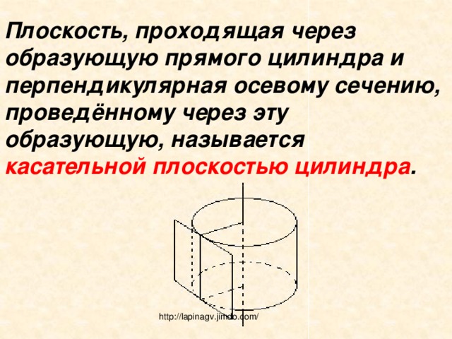 Плоскость, проходящая через образующую прямого цилиндра и перпендикулярная осевому сечению, проведённому через эту образующую, называется касательной плоскостью цилиндра . http://lapinagv.jimdo.com/ 