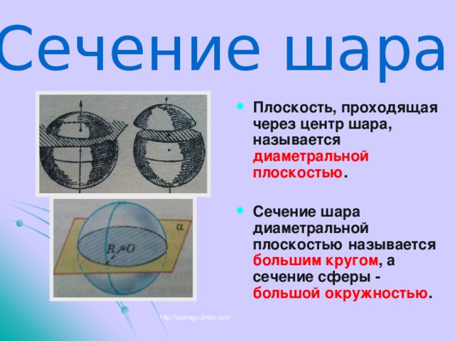 Сечение шара Плоскость, проходящая через центр шара, называется диаметральной плоскостью .  Сечение шара диаметральной плоскостью называется большим кругом , а сечение сферы - большой окружностью . http://lapinagv.jimdo.com/ 