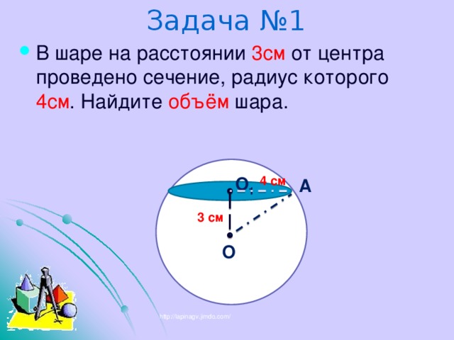 Задача №1 В шаре на расстоянии 3см от центра проведено сечение, радиус которого 4см . Найдите объём шара. 4 см О 1 А 3 см О http://lapinagv.jimdo.com/ 