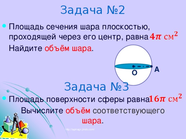 Задача №2 Площадь сечения шара плоскостью, проходящей через его центр, равна  Найдите объём шара . А О Задача №3 Площадь поверхности сферы равна  Вычислите объём соответствующего шара . http://lapinagv.jimdo.com/ 