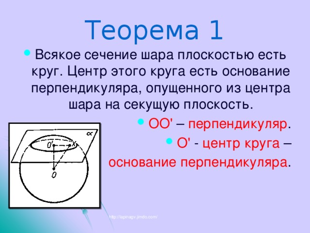 Теорема 1 Всякое сечение шара плоскостью есть круг. Центр этого круга есть основание перпендикуляра, опущенного из центра шара на секущую плоскость. ОО' – перпендикуляр . О' - центр круга –  основание перпендикуляра . http://lapinagv.jimdo.com/ 