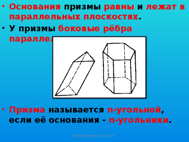 Основания призмы равны и лежат в параллельных плоскостях . У призмы боковые рёбра параллельны и равны . Призма называется n-угольной , если её основания - n-угольники . http://lapinagv.jimdo.com/ 