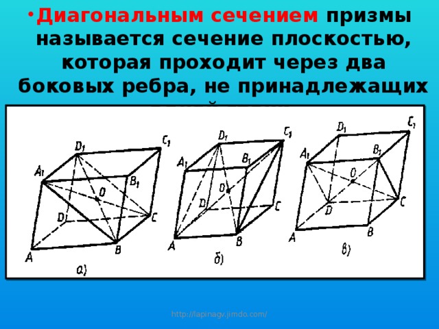 Диагональным сечением призмы называется сечение плоскостью, которая проходит через два боковых ребра, не принадлежащих одной грани. http://lapinagv.jimdo.com/ 