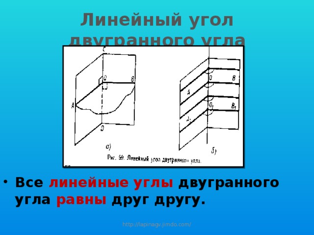 Линейный угол двугранного угла  Все линейные углы двугранного угла равны друг другу.  http://lapinagv.jimdo.com/ 