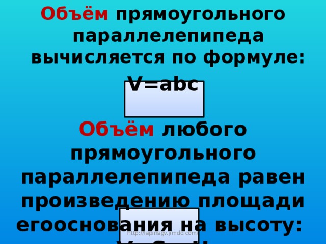 Объём прямоугольного параллелепипеда вычисляется по формуле: V=abc  Объём любого прямоугольного параллелепипеда равен произведению площади егооснования на высоту: V=S осн H http://lapinagv.jimdo.com/ 