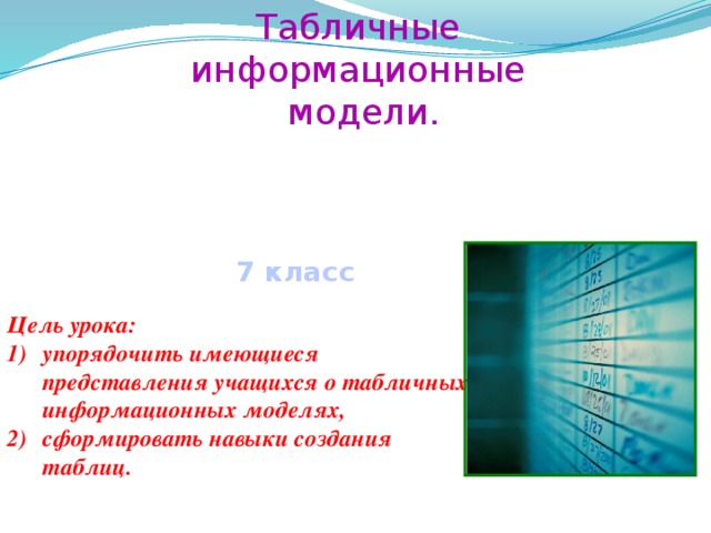Табличные информационные модели. 7 класс Цель урока: упорядочить имеющиеся представления учащихся о табличных информационных моделях, сформировать навыки создания таблиц. 