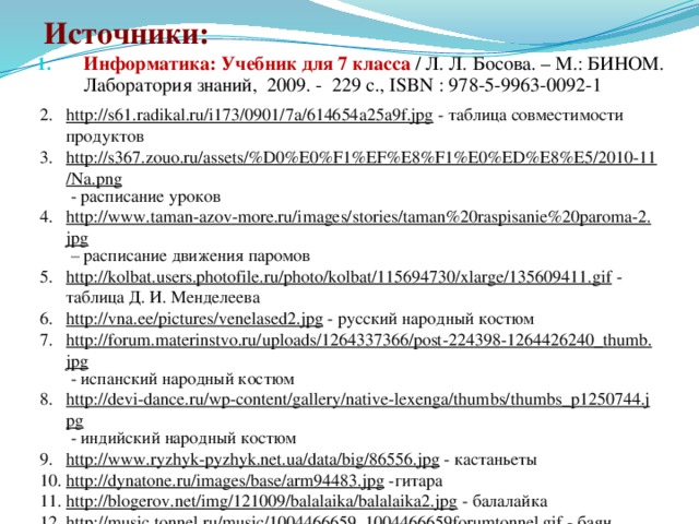 Источники: Информатика: Учебник для 7 класса / Л. Л. Босова. – М.: БИНОМ. Лаборатория знаний, 2009. - 229 с., ISBN : 978-5-9963-0092-1 http://s61.radikal.ru/i173/0901/7a/614654a25a9f.jpg  - таблица совместимости продуктов http://s367.zouo.ru/assets/%D0%E0%F1%EF%E8%F1%E0%ED%E8%E5/2010-11/Na.png  - расписание уроков http://www.taman-azov-more.ru/images/stories/taman%20raspisanie%20paroma-2.jpg – расписание движения паромов http://kolbat.users.photofile.ru/photo/kolbat/115694730/xlarge/135609411.gif  - таблица Д. И. Менделеева http://vna.ee/pictures/venelased2.jpg  - русский народный костюм http://forum.materinstvo.ru/uploads/1264337366/post-224398-1264426240_thumb.jpg  - испанский народный костюм http://devi-dance.ru/wp-content/gallery/native-lexenga/thumbs/thumbs_p1250744.jpg  - индийский народный костюм http://www.ryzhyk-pyzhyk.net.ua/data/big/86556.jpg  - кастаньеты http://dynatone.ru/images/base/arm94483.jpg  -гитара http://blogerov.net/img/121009/balalaika/balalaika2.jpg  - балалайка http://music.tonnel.ru/music/1004466659_1004466659forumtonnel.gif  - баян http://www.greatmusicproductsonline.com/prodimages/STRH.jpg  - ситар 