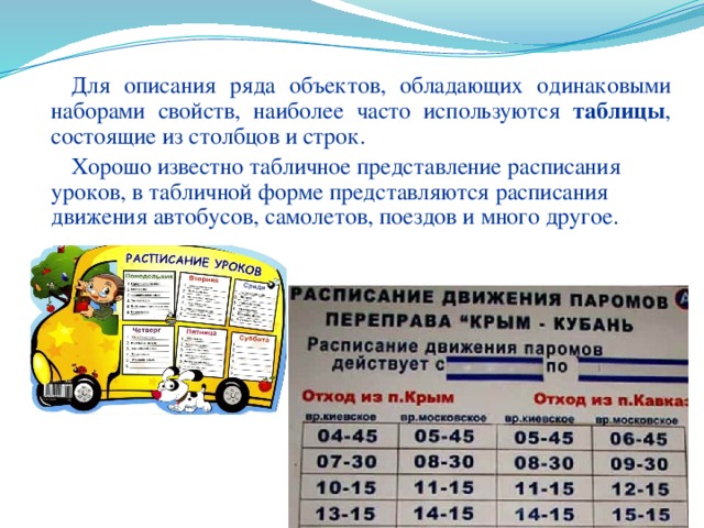 Для описания ряда объектов, обладающих одинаковыми наборами свойств, наиболее часто используются таблицы , состоящие из столбцов и строк. Хорошо известно табличное представление расписания уроков, в табличной форме представляются расписания движения автобусов, самолетов, поездов и много другое. 