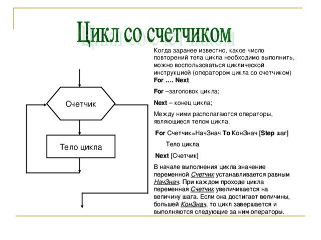 Когда заранее известно, какое число повторений тела цикла необходимо выполнить, можно воспользоваться циклической инструкцией (оператором цикла со счетчиком) For …. Next  For  –заголовок цикла; Next – конец цикла; Между ними располагаются операторы, являющиеся телом цикла.  For  Счетчик=НачЗнач To  КонЗнач [ Step  шаг ]  Тело цикла  Next  [ Счетчик ] В начале выполнения цикла значение переменной Счетчик устанавливается равным НачЗнач . При каждом проходе цикла переменная Счетчик увеличивается на величину шага. Если она достигает величины, большей КонЗнач , то цикл завершается и выполняются следующие за ним операторы. Счетчик Тело цикла 