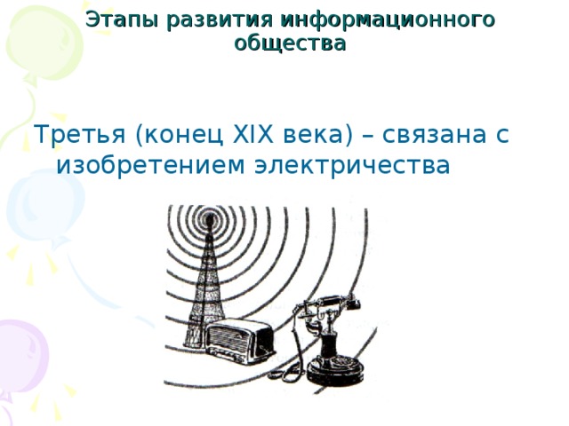 Этапы развития информационного общества   Третья (конец XIX века) – связана с изобретением электричества 