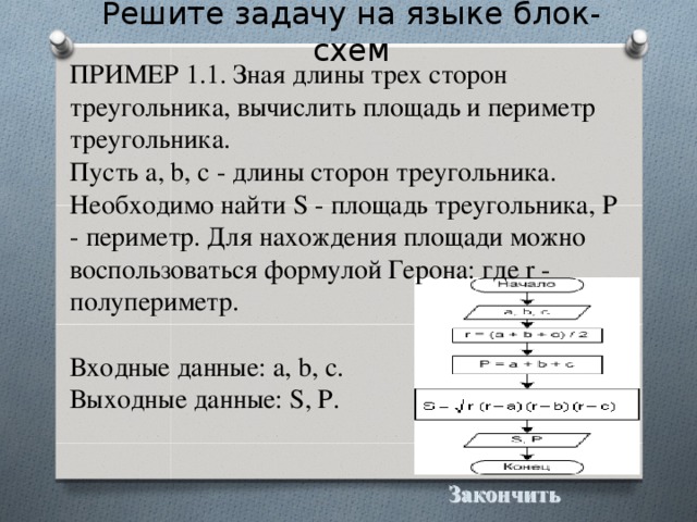 Решите задачу на языке блок-схем ПРИМЕР 1.1. Зная длины трех сторон треугольника, вычислить площадь и периметр треугольника. Пусть a, b, c - длины сторон треугольника. Необходимо найти S - площадь треугольника, P - периметр. Для нахождения площади можно воспользоваться формулой Герона: где r - полупериметр.   Входные данные: a, b, c. Выходные данные: S, P. 
