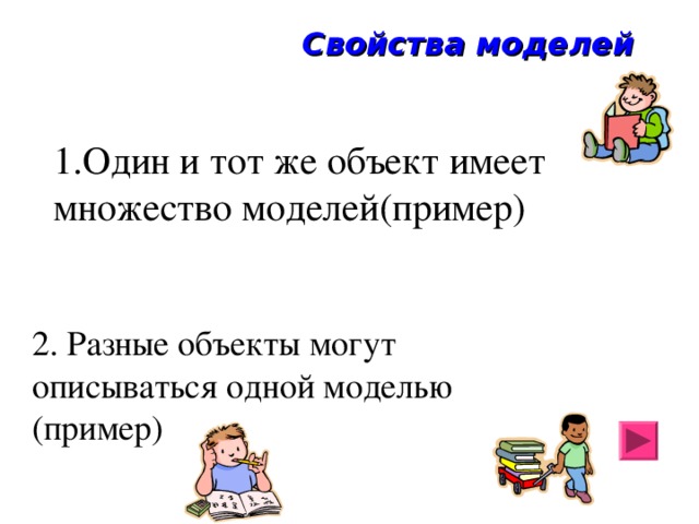 Свойства моделей 1.Один и тот же объект имеет множество моделей(пример)   2. Разные объекты могут описываться одной моделью (пример) 