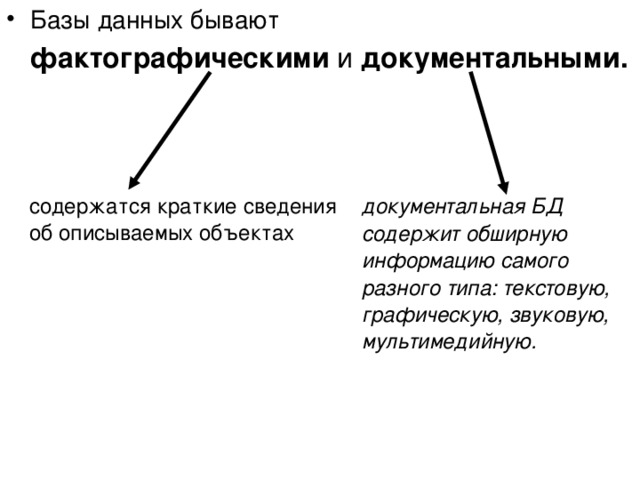 Базы данных бывают  фактографическими и документальными.  содержатся краткие сведения об описываемых объектах документальная БД содержит обширную информацию самого разного типа: текстовую, графическую, звуковую, мультимедийную.  