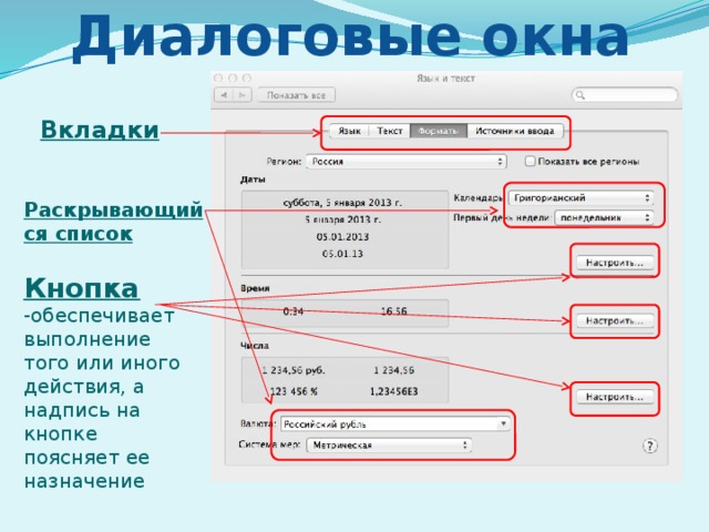 Диалоговые окна Вкладки  Раскрывающийся список Кнопка  -обеспечивает выполнение того или иного действия, а надпись на кнопке поясняет ее назначение 