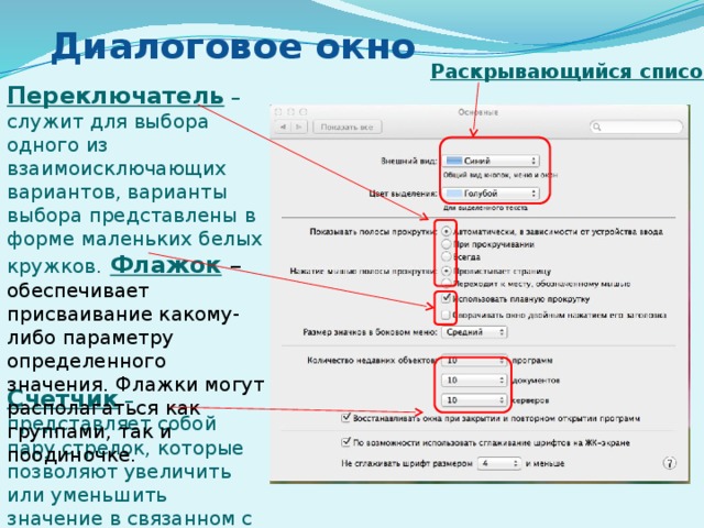 Диалоговое окно Раскрывающийся список Переключатель – служит для выбора одного из взаимоисключающих вариантов, варианты выбора представлены в форме маленьких белых кружков.  Флажок  – обеспечивает присваивание какому-либо параметру определенного значения. Флажки могут располагаться как группами, так и поодиночке. Счетчик – представляет собой пару стрелок, которые позволяют увеличить или уменьшить значение в связанном с ним поле 