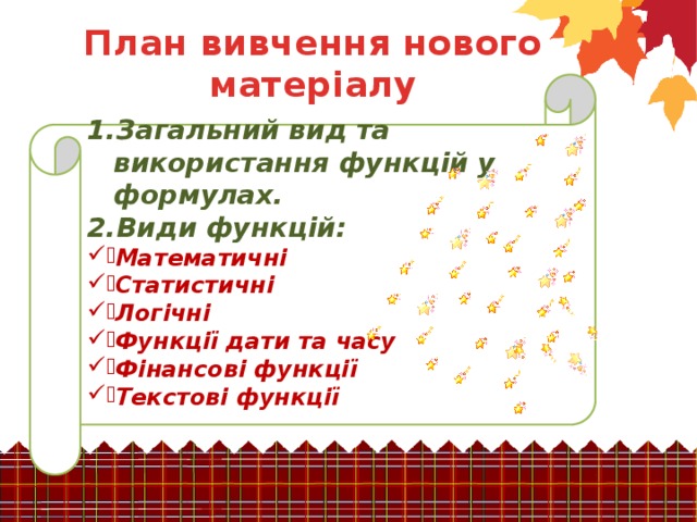 План вивчення нового матеріалу Загальний вид та використання функцій у формулах. Види функцій: Математичні Статистичні Логічні Функції дати та часу Фінансові функції Текстові функції 