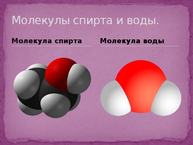 Молекулы спирта и воды. Молекула спирта Молекула воды 