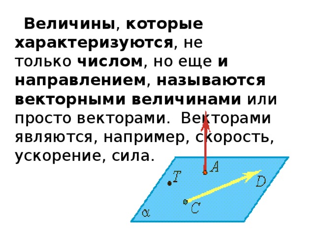 Величины ,  которые характеризуются , не только  числом , но еще  и направлением , называются векторными величинами  или просто векторами. Векторами являются, например, скорость, ускорение, сила. 