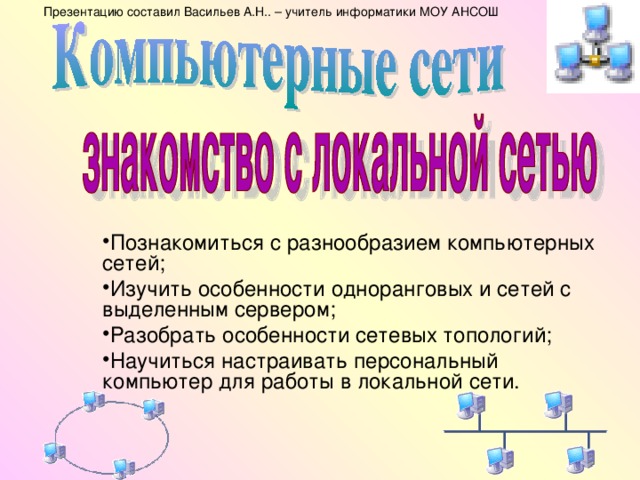 Презентацию составил  Васильев А.Н.. – учитель информатики МОУ АНСОШ Познакомиться с разнообразием компьютерных сетей; Изучить особенности одноранговых и сетей с выделенным сервером; Разобрать особенности сетевых топологий; Научиться настраивать персональный компьютер для работы в локальной сети.  