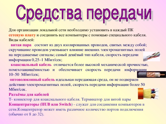 Для организации локальной сети необходимо установить в каждый ПК сетевую плату и соединить все компьютеры с помощью специального кабеля. Виды кабелей:  витая пара состоит из двух изолированных проводов, свитых между собой ; скручивание проводов уменьшает влияние внешних электромагнитных полей на передаваемые сигналы ; самый дешёвый тип кабеля, скорость передачи информации 0,25 – 1 Мбит /сек ;  коаксиальный кабель  отличается более высокой механической прочностью, помехозащищённостью и обеспечивает скорость передачи информации 10 – 50 Мбит /сек;  оптоволоконный кабель  идеальная передающая среда, он не подвержен действию электромагнитных полей, скорость передачи информации более 50 Мбит /c ек. Разъёмы для кабелей T - коннектор для коаксиального кабеля. Терминатор для витой пары Концентраторы ( HUB или Switch ) - служат для соединения компьютеров в сети.Концентратор может иметь различное количество портов подключения (обычно от 8 до 32). 3 