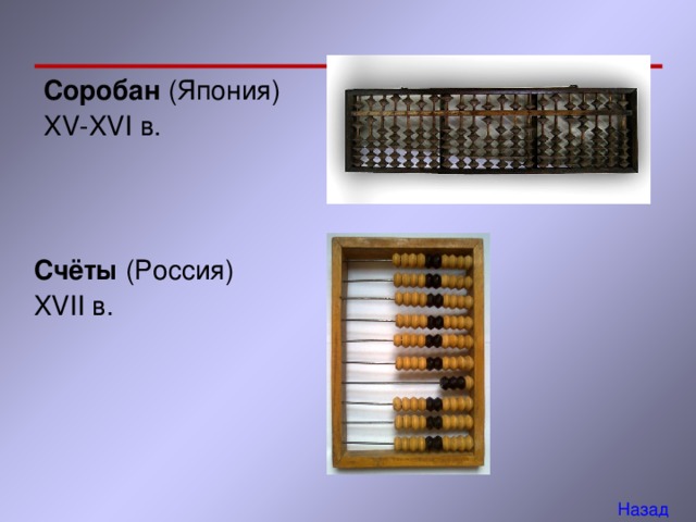 Соробан (Япония) XV-XVI в. Счёты (Россия) XVII в. Назад 