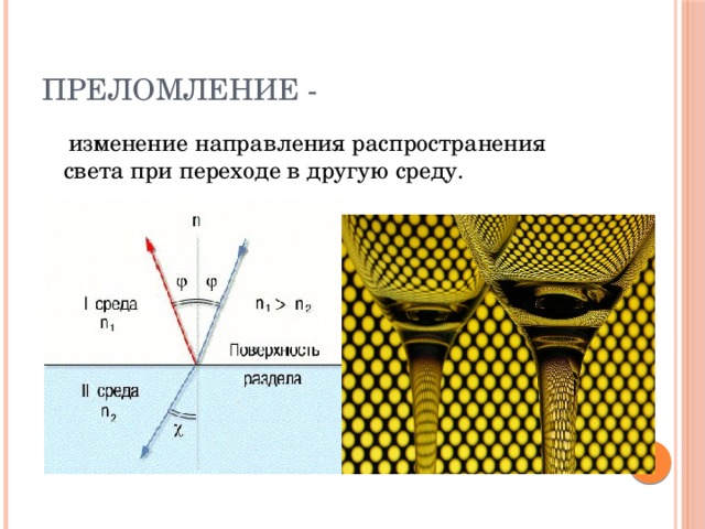 Преломление -  изменение направления распространения света при переходе в другую среду. 