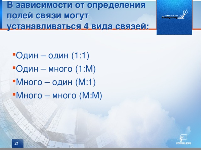 В зависимости от определения полей связи могут устанавливаться 4 вида связей: Один – один (1:1) Один – много (1:М) Много – один (М:1) Много – много (М:М)   