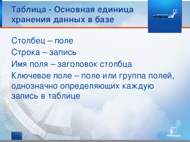 Таблица - Основная единица хранения данных в базе Столбец – поле Строка – запись Имя поля – заголовок столбца Ключевое поле – поле или группа полей, однозначно определяющих каждую запись в таблице Понятие таблицы в программе полностью соответствует ее понятию в реляционной модели. В произвольной базе обычно имеется совокупность связанных между собой таблиц. Между таблицами можно установить связи типа 1:1 или 1:М с помощью окна Работа с базами данных – Схема данных  