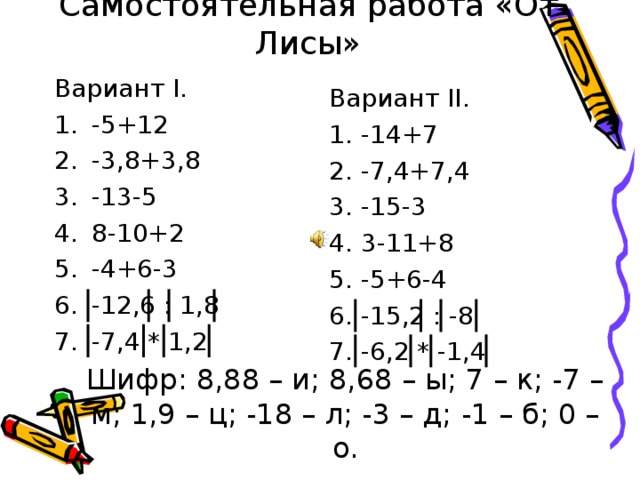 Самостоятельная работа «От Лисы» Вариант I . -5+12 -3,8+3,8 -13-5 8-10+2 -4+6-3 -12,6 : 1,8 -7,4 * 1,2 Вариант II . -14+7 -7,4+7,4 -15-3 3-11+8 -5+6-4 -15,2 : -8 -6,2 * -1,4 Шифр: 8,88 – и; 8,68 – ы; 7 – к; -7 – м; 1,9 – ц; -18 – л; -3 – д; -1 – б; 0 – о. 