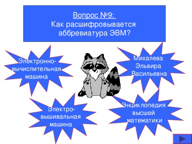 Вопрос №9: Как расшифровывается аббревиатура ЭВМ? Михалева Эльвира Васильевна Электронно- вычислительная машина Энциклопедия высшей математики Электро- вышивальная машина  