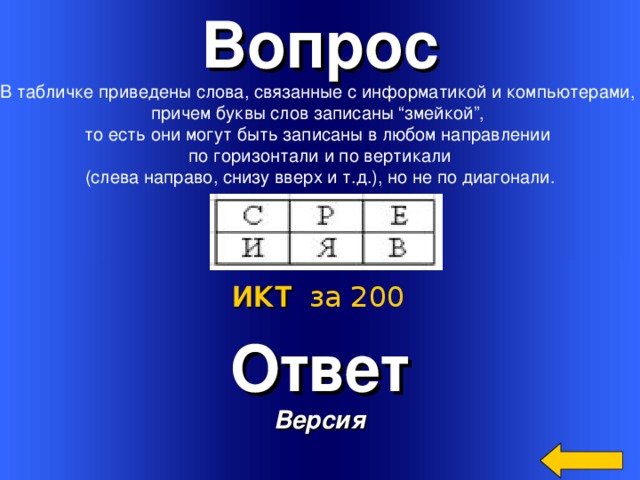 Вопрос В табличке приведены слова, связанные с информатикой и компьютерами, причем буквы слов записаны “змейкой”, то есть они могут быть записаны в любом направлении по горизонтали и по вертикали (слева направо, снизу вверх и т.д.), но не по диагонали. Ответ Версия ИКТ  за 200 Welcome to Power Jeopardy   © Don Link, Indian Creek School, 2004 You can easily customize this template to create your own Jeopardy game. Simply follow the step-by-step instructions that appear on Slides 1-3. 3 