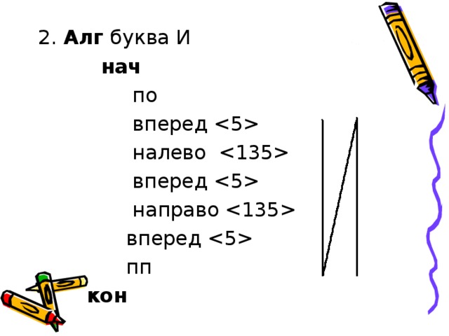 2. Алг буква И  нач  по  вперед   налево   вперед   направо   вперед   пп  кон  