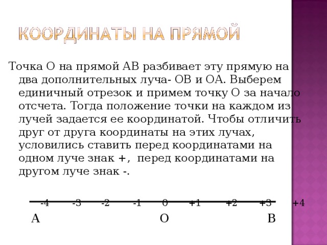 Точка О на прямой АВ разбивает эту прямую на два дополнительных луча- ОВ и ОА. Выберем единичный отрезок и примем точку О за начало отсчета. Тогда положение точки на каждом из лучей задается ее координатой. Чтобы отличить друг от друга координаты на этих лучах, условились ставить перед координатами на одном луче знак +, перед координатами на другом луче знак -.  -4 -3 -2 -1 0 +1 +2 +3 +4  А О В 