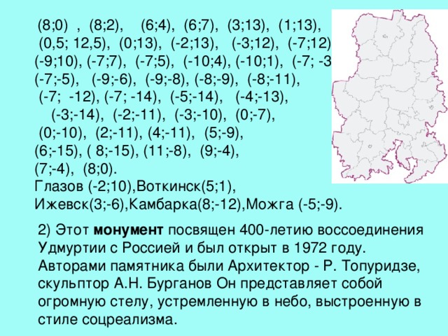  (8;0) , (8;2), (6;4), (6;7), (3;13), (1;13),  (0,5; 12,5), (0;13), (-2;13), (-3;12), (-7;12), (-9;10), (-7;7), (-7;5), (-10;4), (-10;1), (-7; -3), (-7;-5), (-9;-6), (-9;-8), (-8;-9), (-8;-11),  (-7; -12), (-7; -14), (-5;-14), (-4;-13),  (-3;-14), (-2;-11), (-3;-10), (0;-7),  (0;-10), (2;-11), (4;-11), (5;-9), (6;-15), ( 8;-15), (11;-8), (9;-4), (7;-4), (8;0). Глазов (-2;10),Воткинск(5;1), Ижевск(3;-6),Камбарка(8;-12),Можга (-5;-9). 2) Этот монумент посвящен 400-летию воссоединения Удмуртии с Россией и был открыт в 1972 году. Авторами памятника были Архитектор - Р. Топуридзе, скульптор А.Н. Бурганов Он представляет собой огромную стелу, устремленную в небо, выстроенную в стиле соцреализма. 