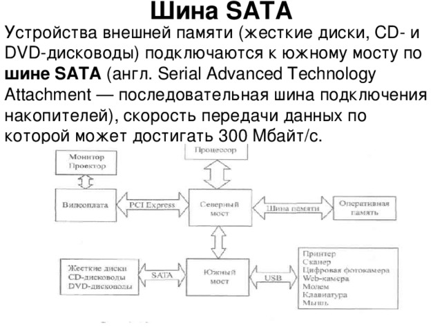 Шина SATA Устройства внешней памяти (жесткие диски, CD - и DVD -дисководы) подключаются к южному мосту по шине SATA  (англ. Serial Advanced Technology Attachment — последовательная шина подключения накопителей), скорость передачи данных по которой может достигать 300 Мбайт/с. 