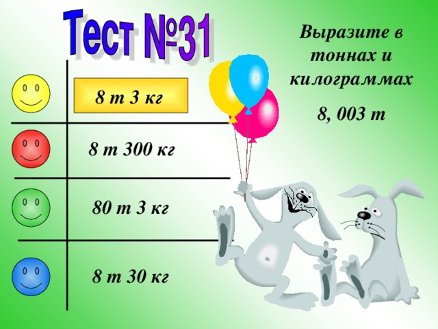 Выразите в тоннах и килограммах 8, 003 т 8 т 3 кг 8 т 300 кг 80 т 3 кг 8 т 30 кг 