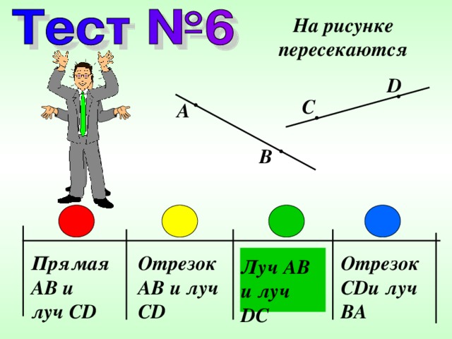 На рисунке пересекаются D C A B Отрезок CD и луч BA Отрезок AB и луч CD Прямая AB и луч CD Луч AB и луч DC 
