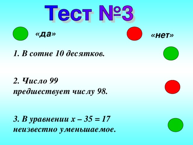 «да» «нет» 1. В сотне 10 десятков. 2. Число 99 предшествует числу 98. 3. В уравнении x – 35 = 17 неизвестно уменьшаемое. 