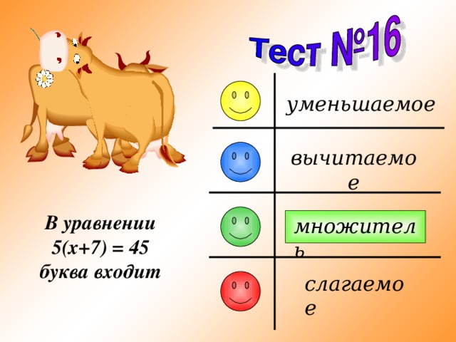 уменьшаемое вычитаемое В уравнении 5 ( x +7) = 45 буква входит множитель слагаемое 