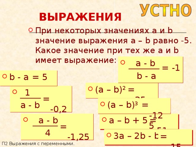 ВЫРАЖЕНИЯ При некоторых значениях a и b значение выражения a – b равно -5. Какое значение при тех же a и b имеет выражение:  a - b  b - a = -1 b - a = 5 (a – b) 2 = 25   1  a - b = -0,2 (a – b) 3 = -125  a - b = 51 a – b + 56  4 = - 1,25 3a – 2b - b = -15 П2 Выражения с переменными. 