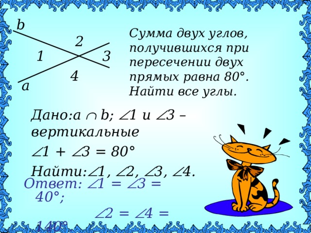 b Сумма двух углов, получившихся при пересечении двух прямых равна 80 ° . Найти все углы. 2 1 3 4 a Дано: a  b;  1 и  3 – вертикальные  1 +  3 = 80 ° Найти:  1 ,   2,  3 ,   4 . Ответ:  1 =  3 = 40 °;    2 =  4 = 140 ° .  