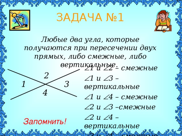 ЗАДАЧА №1 Любые два угла, которые получаются при пересечении двух прямых, либо смежные, либо вертикальные.  1 и  2 –  смежные  1 и  3 – вертикальные  1 и  4 –  смежные  2 и  3 –смежные  2 и  4 – вертикальные  3 и  4 –  смежные 2 1 3 4 Запомнить! 