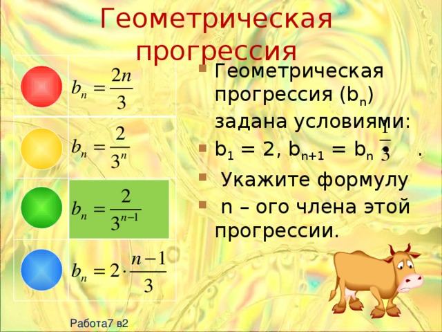 Геометрическая прогрессия Геометрическая прогрессия (b n ) задана условиями: b 1 = 2, b n+1 = b n ∙ .  Укажите формулу  n – ого члена этой прогрессии. Работа7 в2 