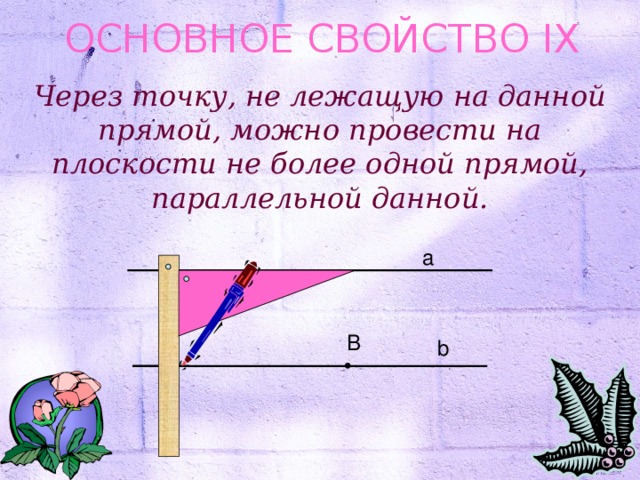ОСНОВНОЕ СВОЙСТВО IX Через точку, не лежащую на данной прямой, можно провести на плоскости не более одной прямой, параллельной данной. а B b 