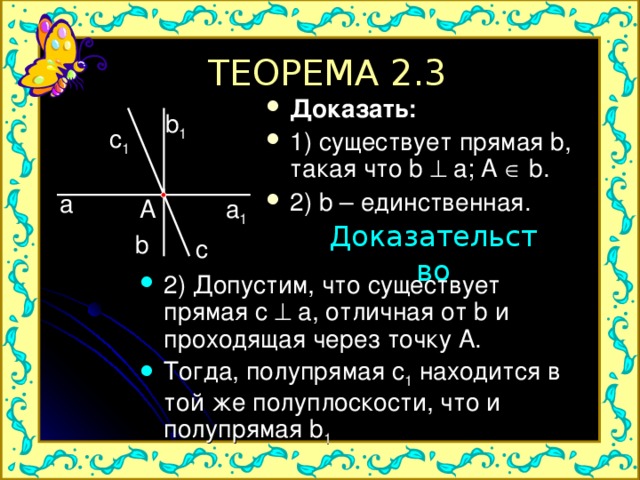 ТЕОРЕМА 2.3 Доказать: 1) существует прямая b, такая что b  a; A  b. 2) b – единственная.  b 1 c 1 a a 1 A Доказательство b c 2) Допустим, что существует прямая c  a, отличная от b и проходящая через точку A. Тогда, полупрямая c 1  находится в той же полуплоскости, что и полупрямая b 1 