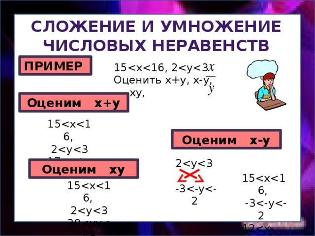 Сложение и умножение Числовых неравенств ПРИМЕР 15Оценить x+y, x-y, xy, Оценим x+y 15 217Оценим x-y 2-3Оценим xy 15 -31215 230