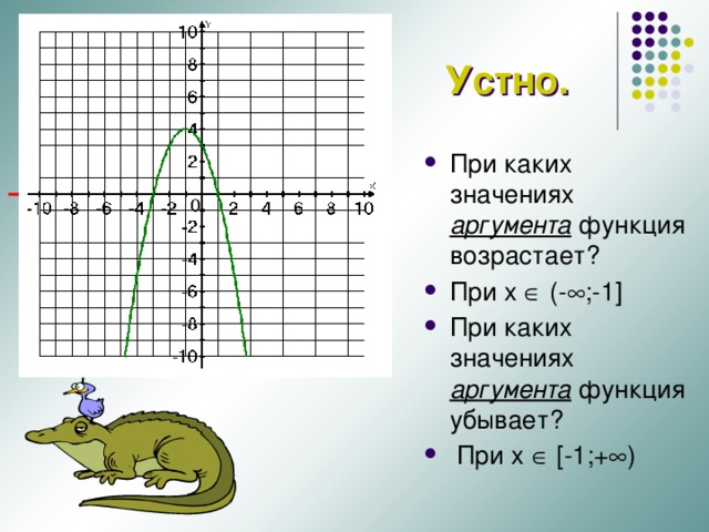 Устно. При каких значениях аргумента функция возрастает? При x  (-  ;-1 ] При каких значениях аргумента функция убывает?  При x  [-1;+  ) 