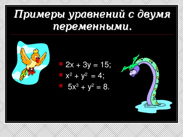 Примеры уравнений с двумя переменными. 2x + 3y = 15; x 2 + y 2 = 4;  5x 3 + y 2 = 8. 